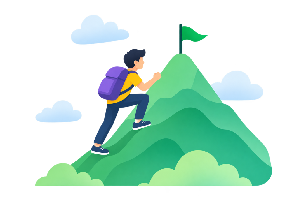 A learner climbing towards a flag on a green mountain