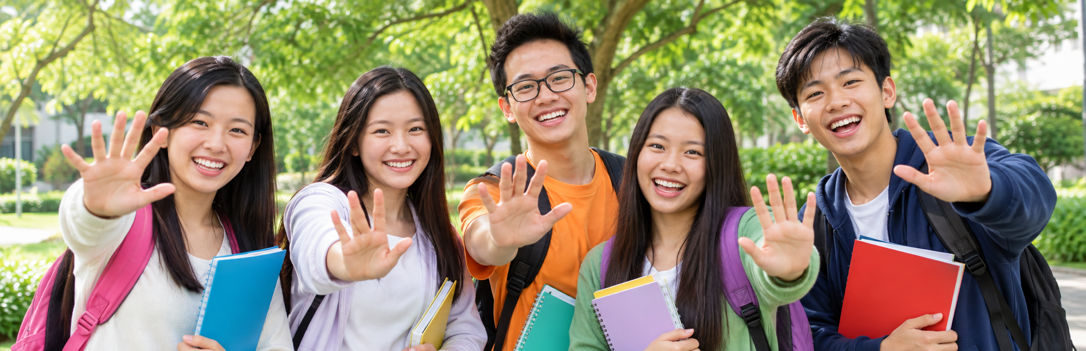 Five students smiling together outdoors with books and school bags