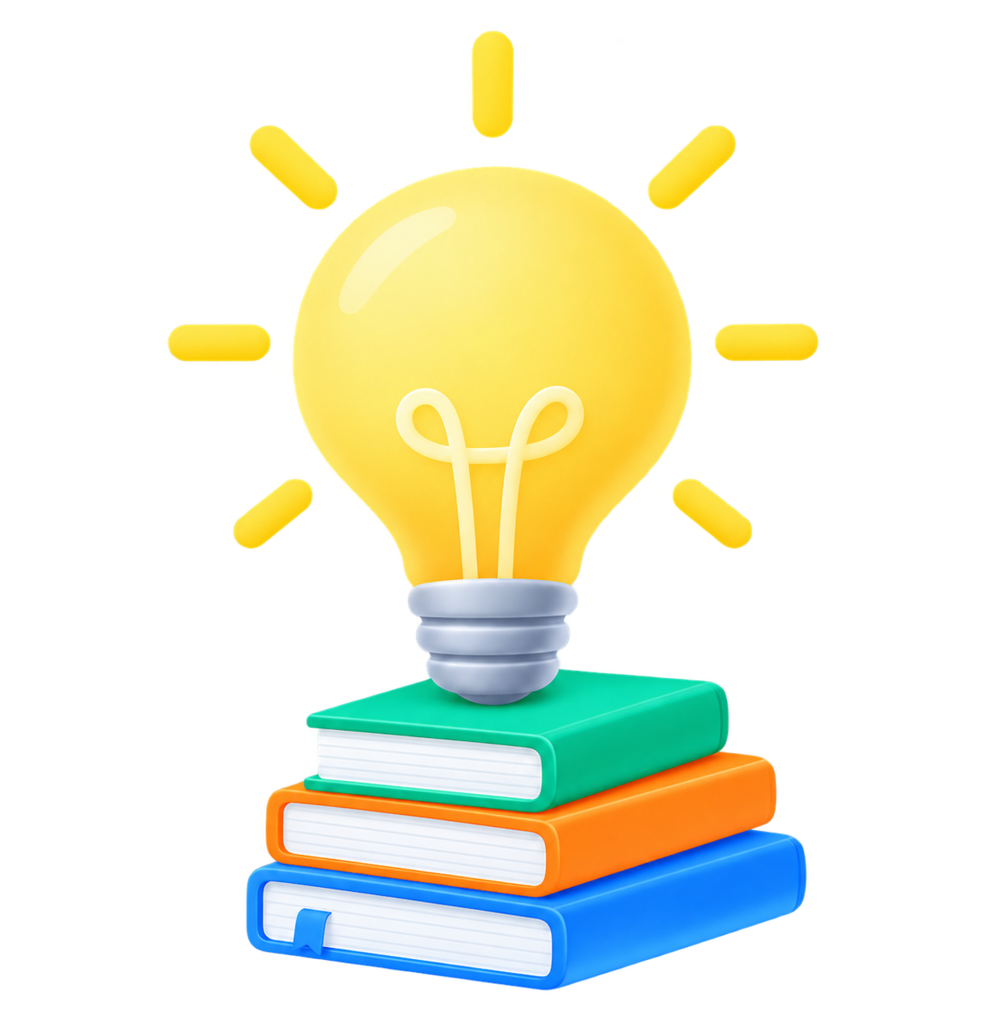 A bright idea bulb resting on a stack of books
