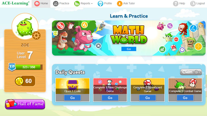 ACE-Learning Primary Math game dashboard with daily quests and game modes