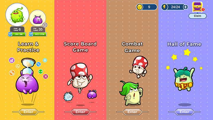 ACE-Learning Primary Math game world showing practice, score board, combat and hall of fame modes